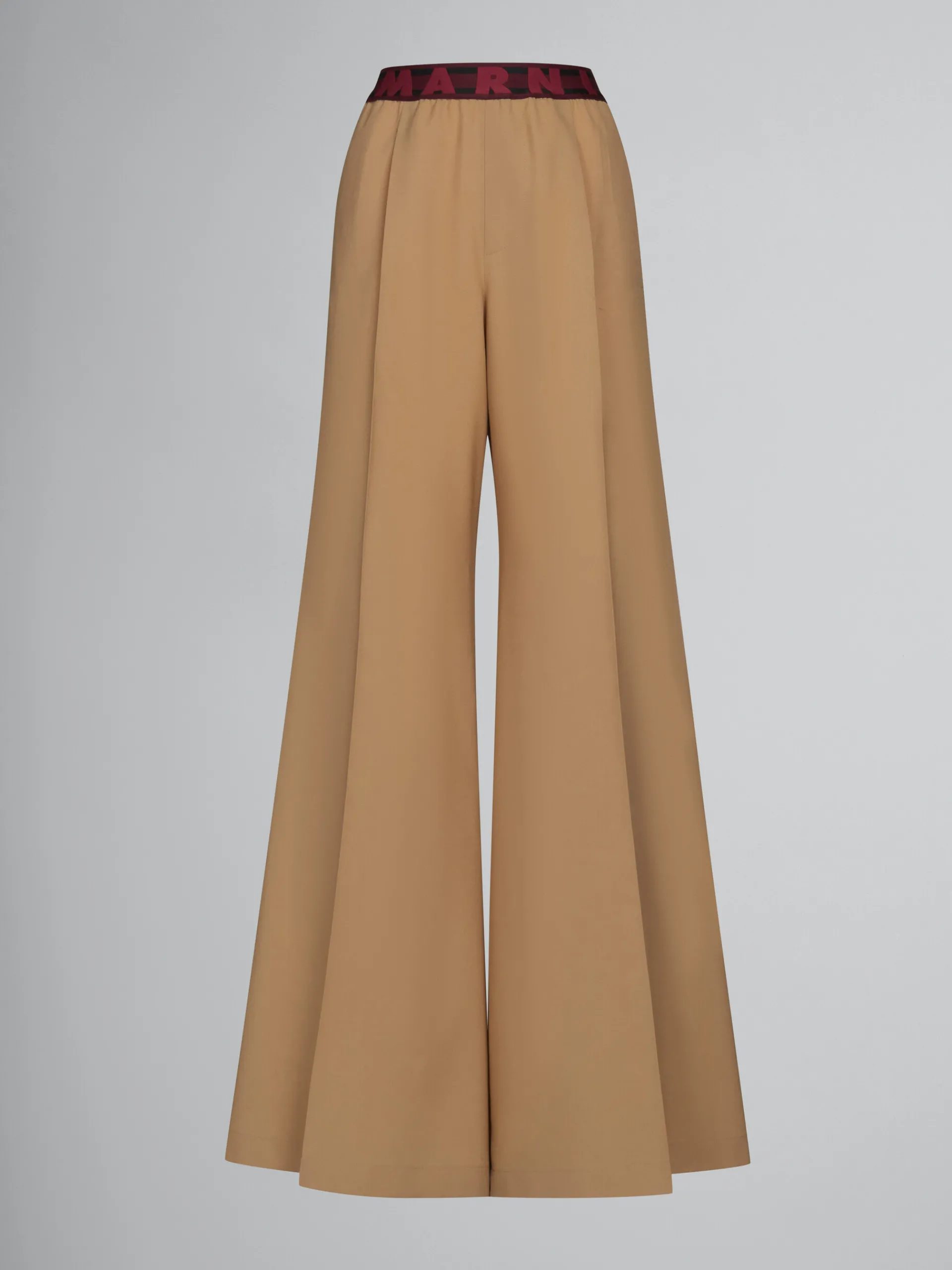 Pants>Marni Beige Flared Wool Trousers With Logo Waist DIJON
