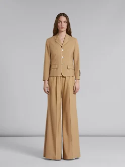 Pants>Marni Beige Flared Wool Trousers With Logo Waist DIJON