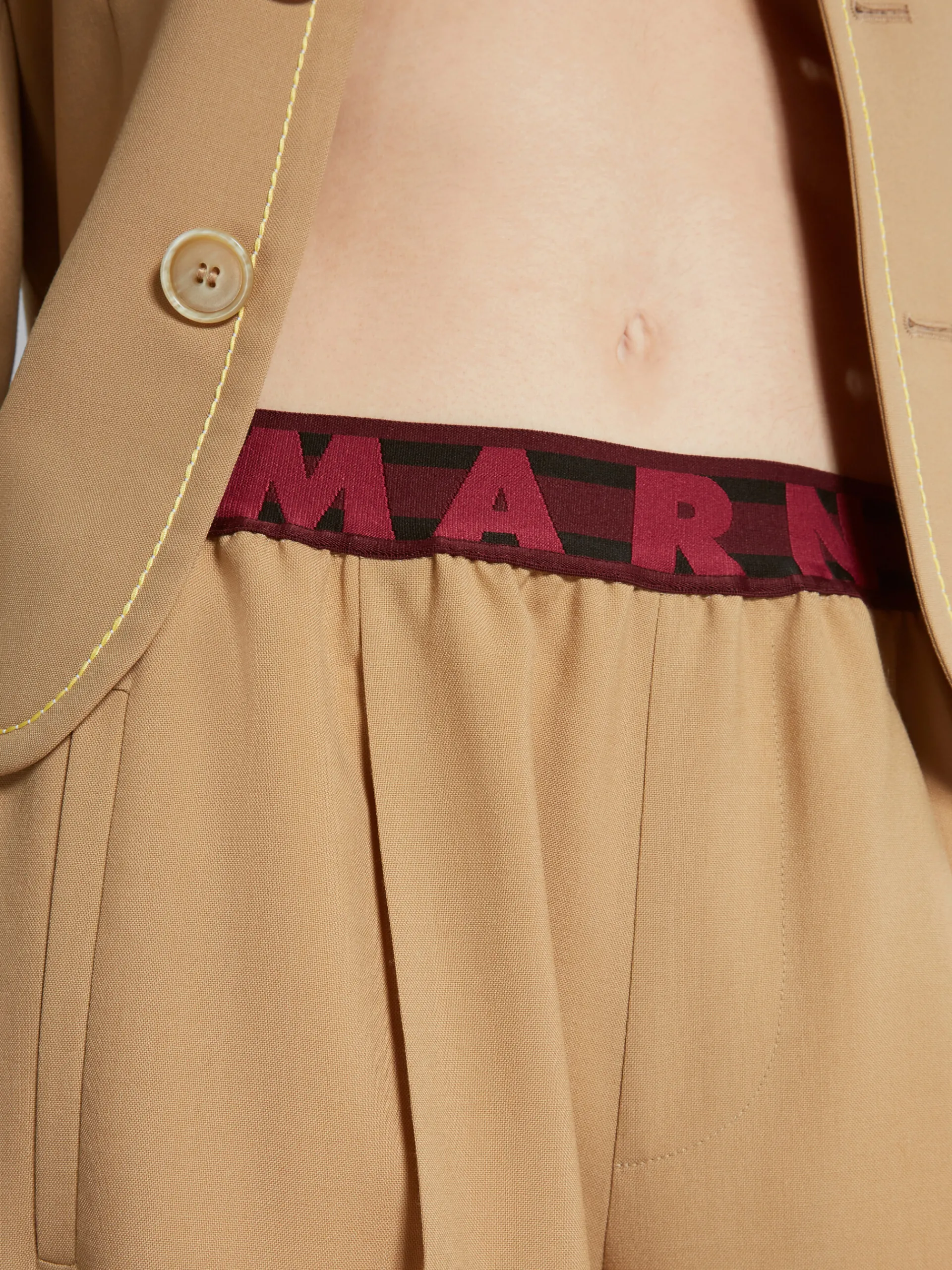 Pants>Marni Beige Flared Wool Trousers With Logo Waist DIJON