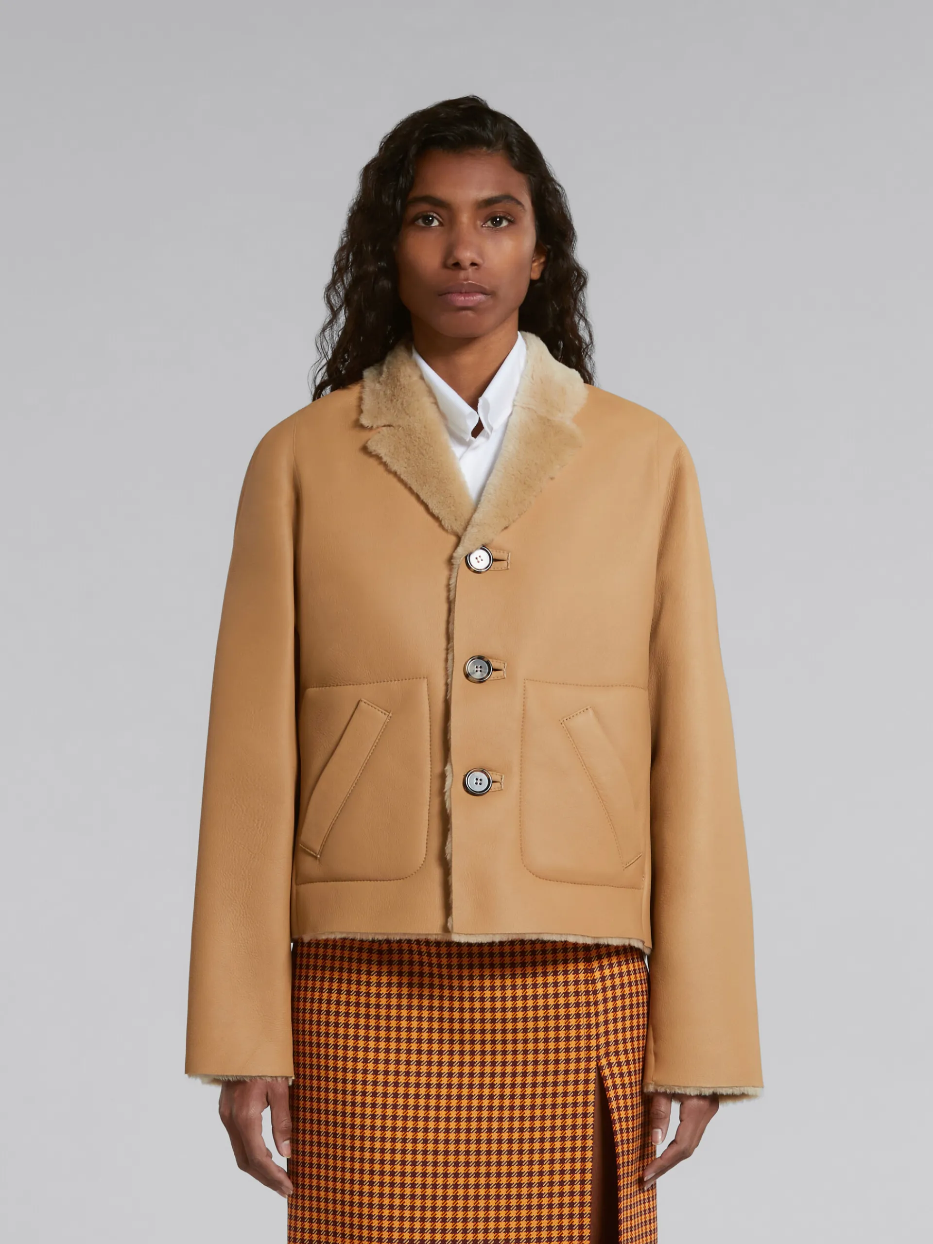 Coats & Jackets>Marni Beige Reversible Shearling Jacket WHEAT