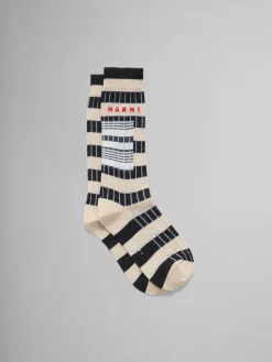 Socks>Marni Beige Ribbed Cotton Socks With Contrast Stripes GLASS