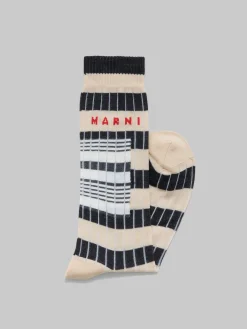 Socks>Marni Beige Ribbed Cotton Socks With Contrast Stripes GLASS