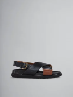 Slides & Sandals | Fussbett>Marni Black And Brown Leather Fussbett BLACK/MAROON