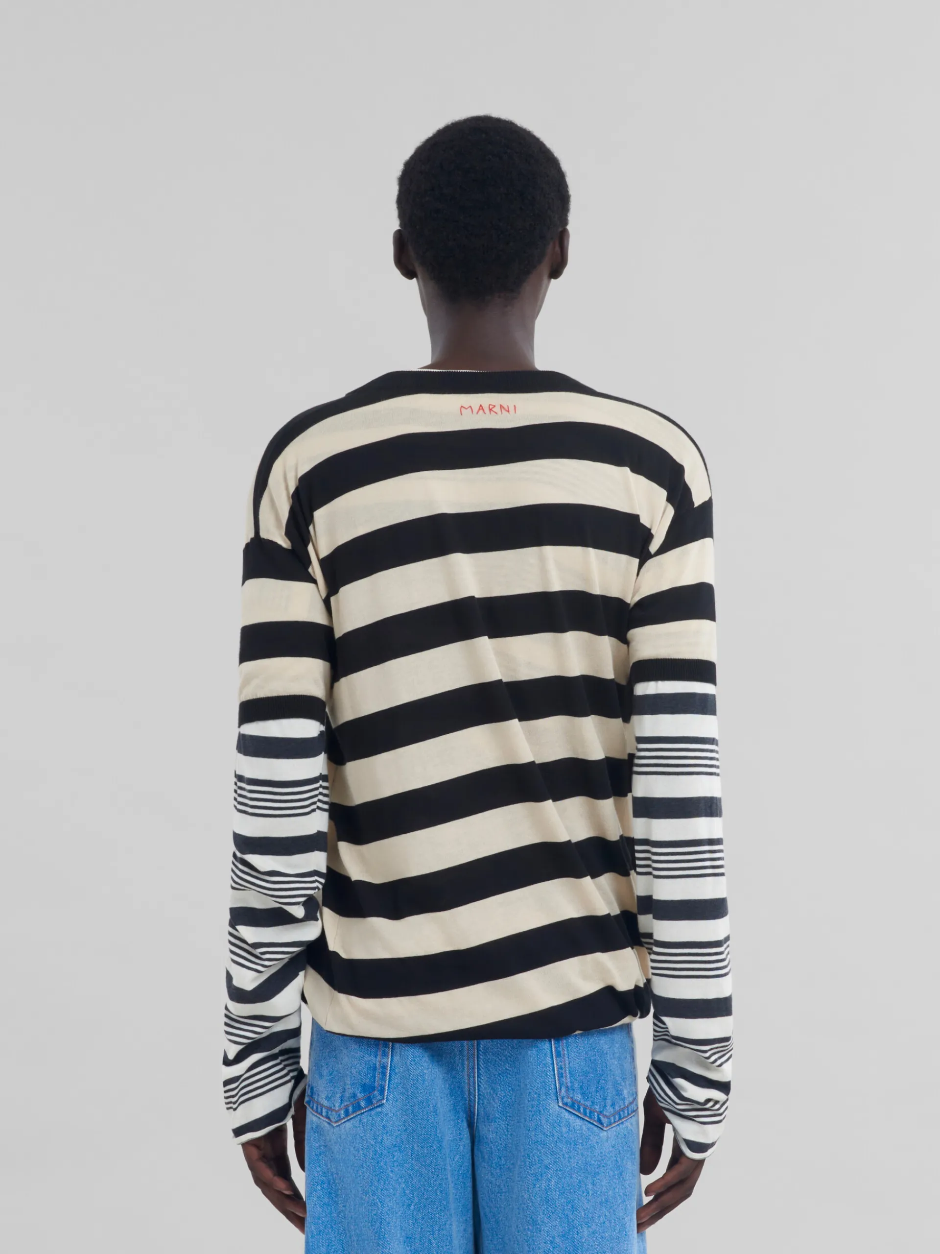 Knitwear>Marni Black And White Layered Cotton Crew-neck With Contrast Stripes GLASS