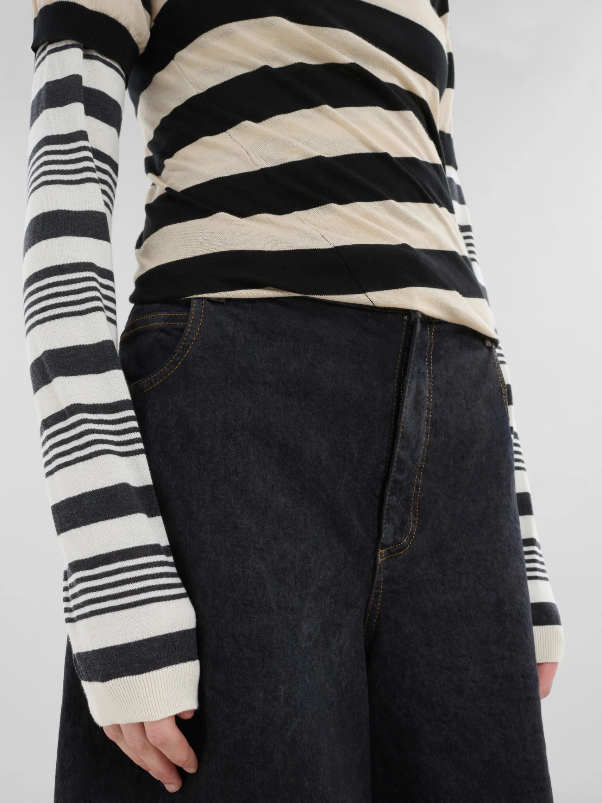 Knitwear>Marni Black And White Layered Cotton Crew-neck With Contrast Stripes GLASS