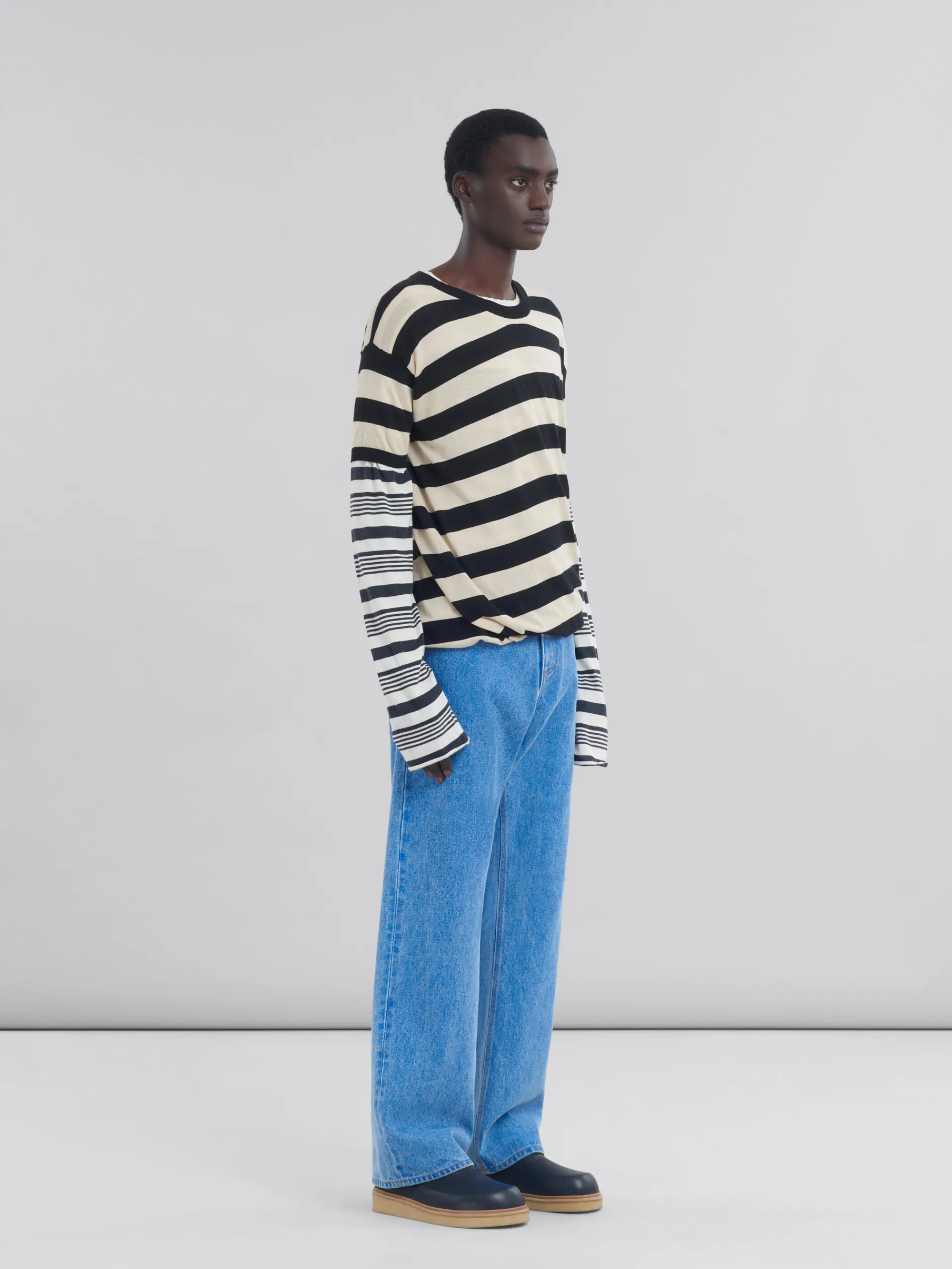 Knitwear>Marni Black And White Layered Cotton Crew-neck With Contrast Stripes GLASS