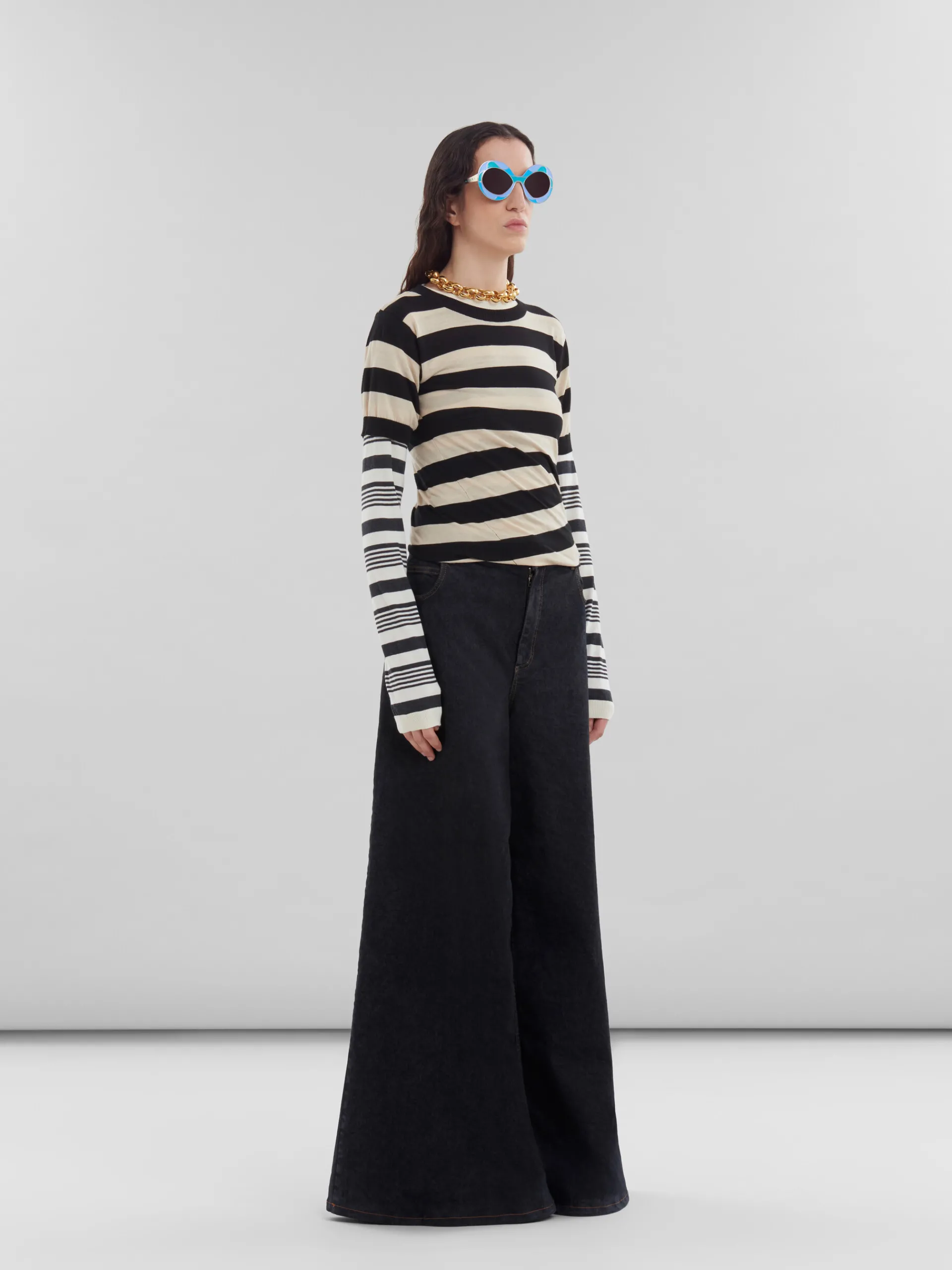 Knitwear>Marni Black And White Layered Cotton Crew-neck With Contrast Stripes GLASS