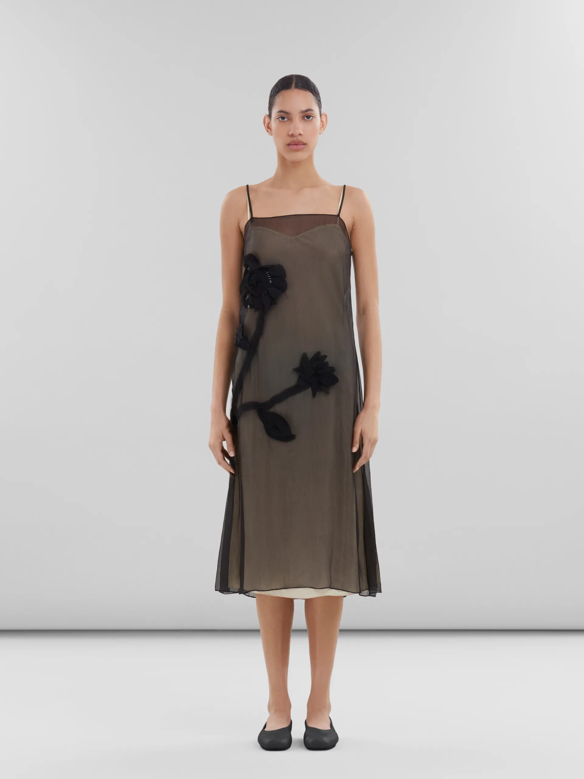 Dresses>Marni Crepon Slip Dress With Flower Appliqués BLACK