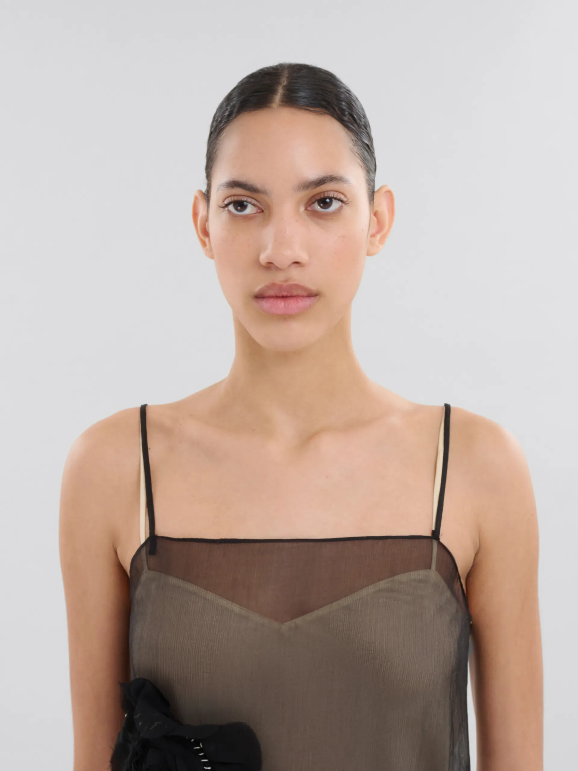 Dresses>Marni Crepon Slip Dress With Flower Appliqués BLACK