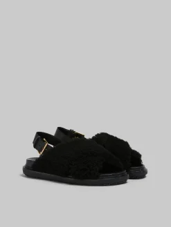 Slides & Sandals | Fussbett>Marni Curly Shearling Fussbett Slide BLACK