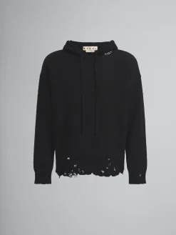 Knitwear>Marni Dishevelled Cotton Hoodie With Mending BLACK