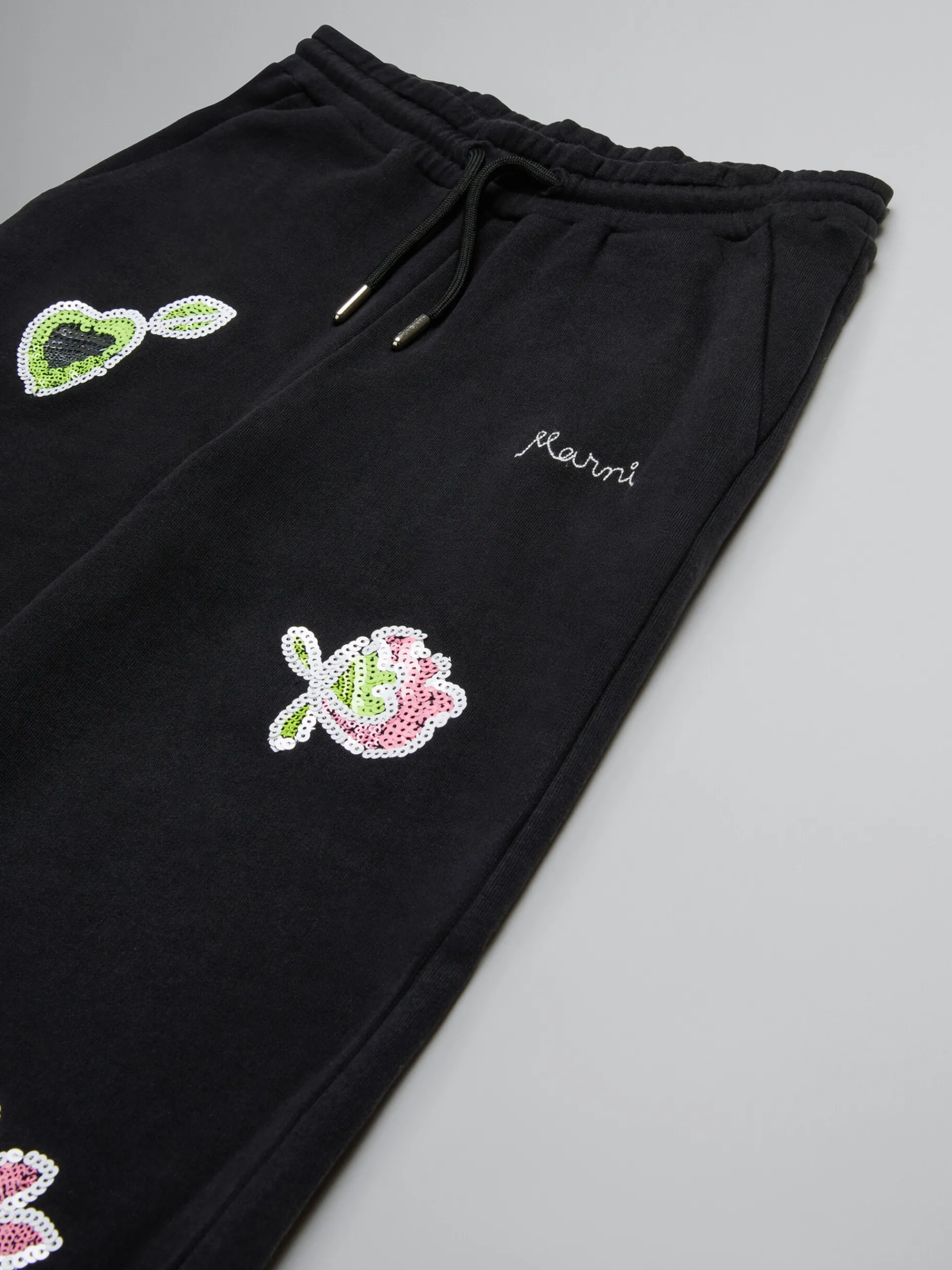 Kids>Marni Fleece Wide Trousers With Sequined Flowers BLACK