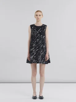 Dresses>Marni Flocked Denim Flared Dress With Crayon Print BLACK