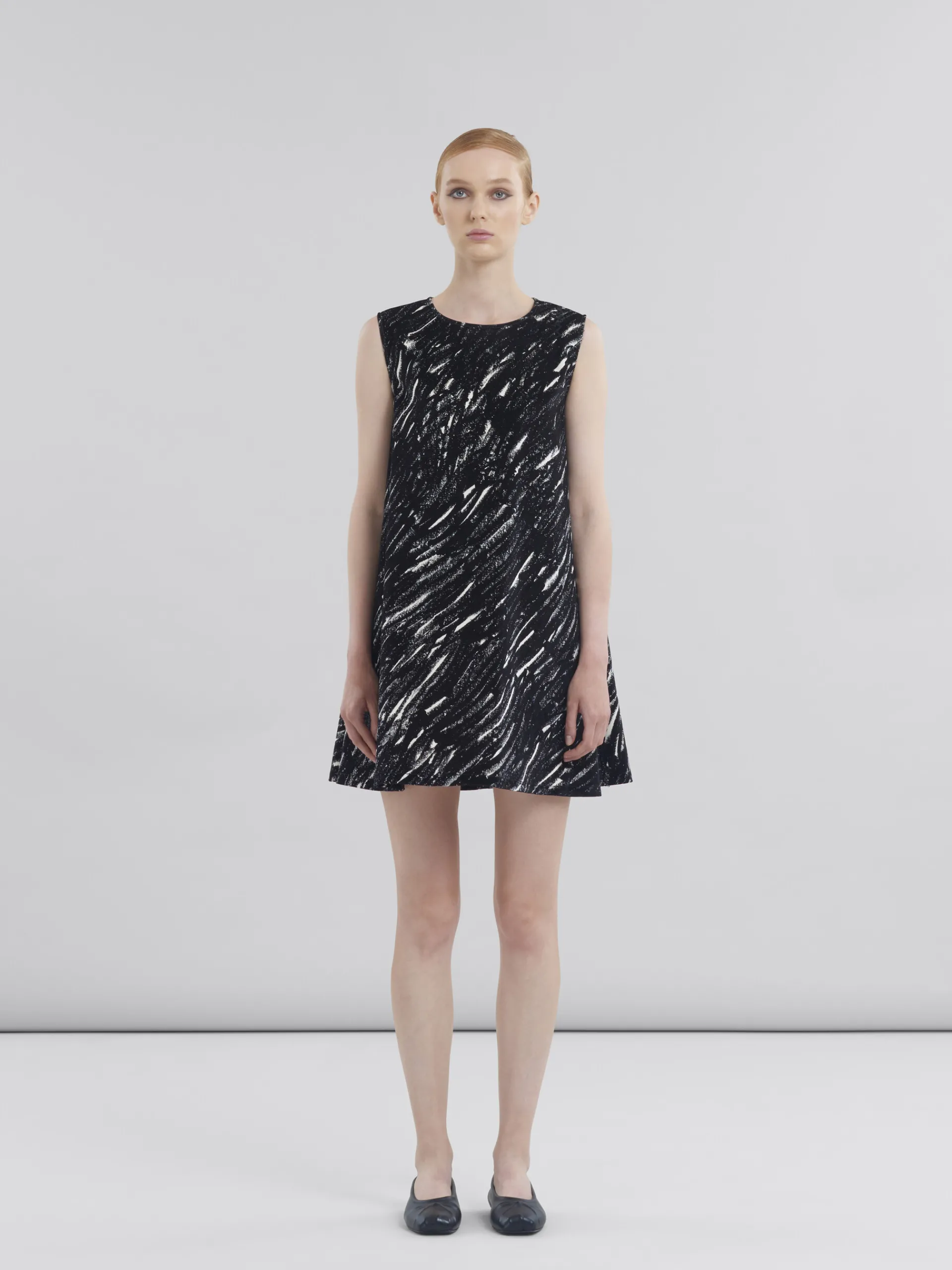 Dresses>Marni Flocked Denim Flared Dress With Crayon Print BLACK