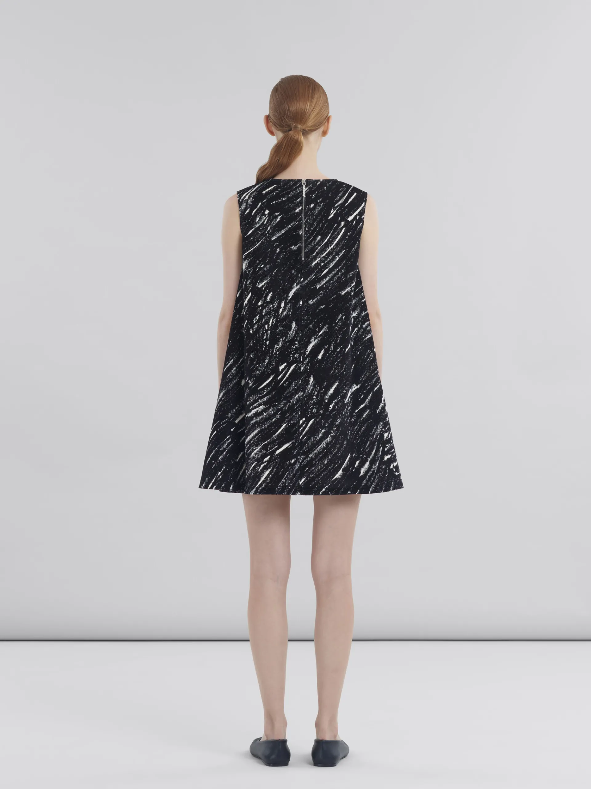 Dresses>Marni Flocked Denim Flared Dress With Crayon Print BLACK
