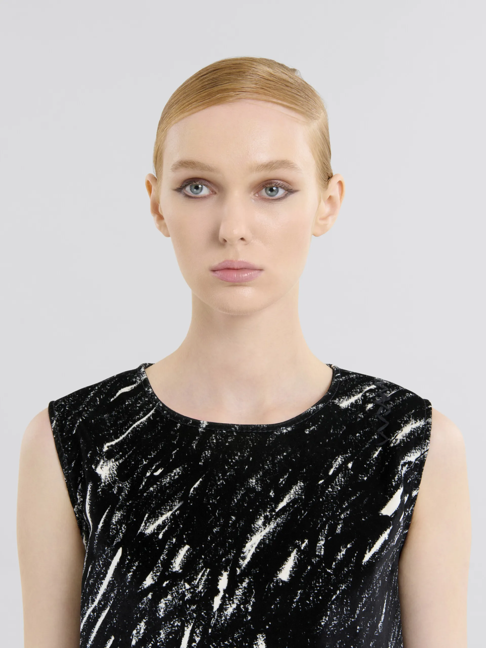 Dresses>Marni Flocked Denim Flared Dress With Crayon Print BLACK
