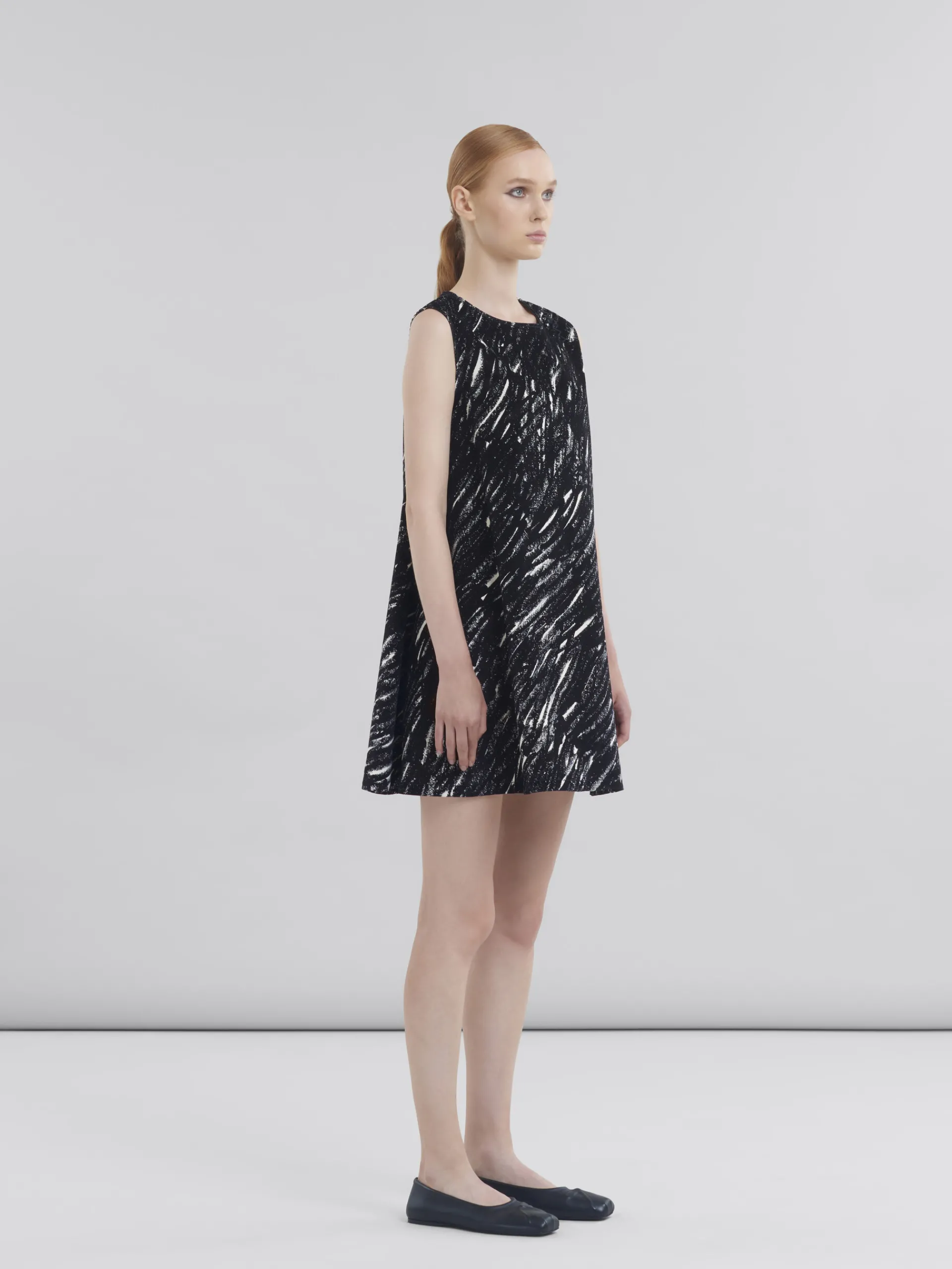 Dresses>Marni Flocked Denim Flared Dress With Crayon Print BLACK