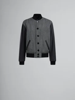 Coats & Jackets>Marni Herringbone Wool Jacket With Leather Sleeves BLACK