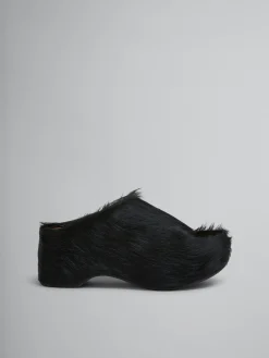 Slides & Sandals>Marni Long-hair Calfskin Chunky Clog Slide BLACK