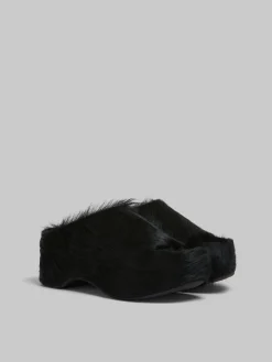 Slides & Sandals>Marni Long-hair Calfskin Chunky Clog Slide BLACK