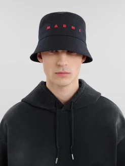 Hats>Marni Organic Gabardine Bucket Hat With Embroidered Logo BLACK