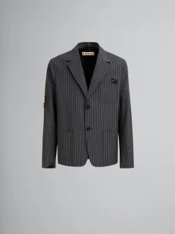 Coats & Jackets>Marni Pinstripe Wool Blazer With Mending Embroidery BLACK