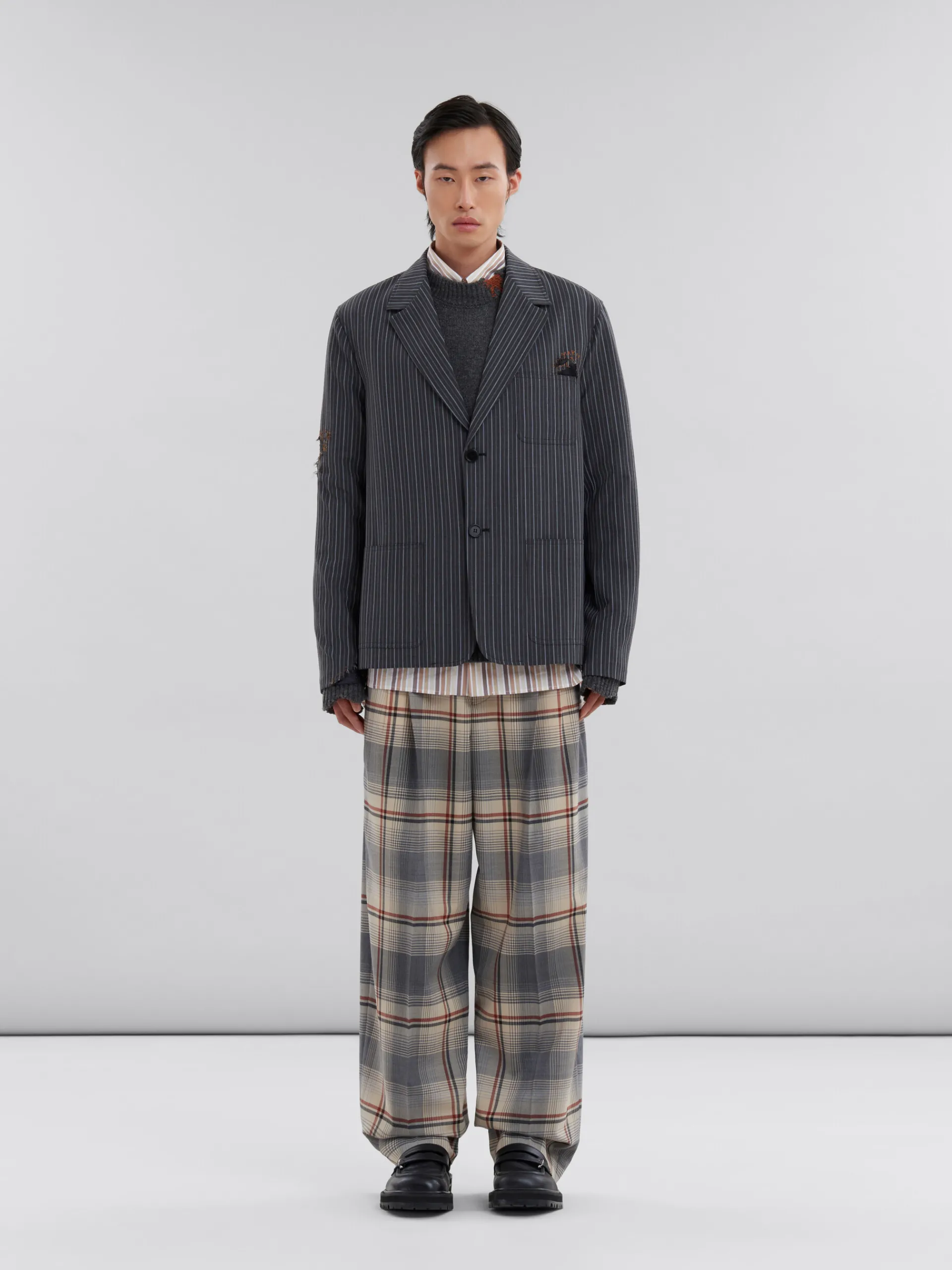 Coats & Jackets>Marni Pinstripe Wool Blazer With Mending Embroidery BLACK