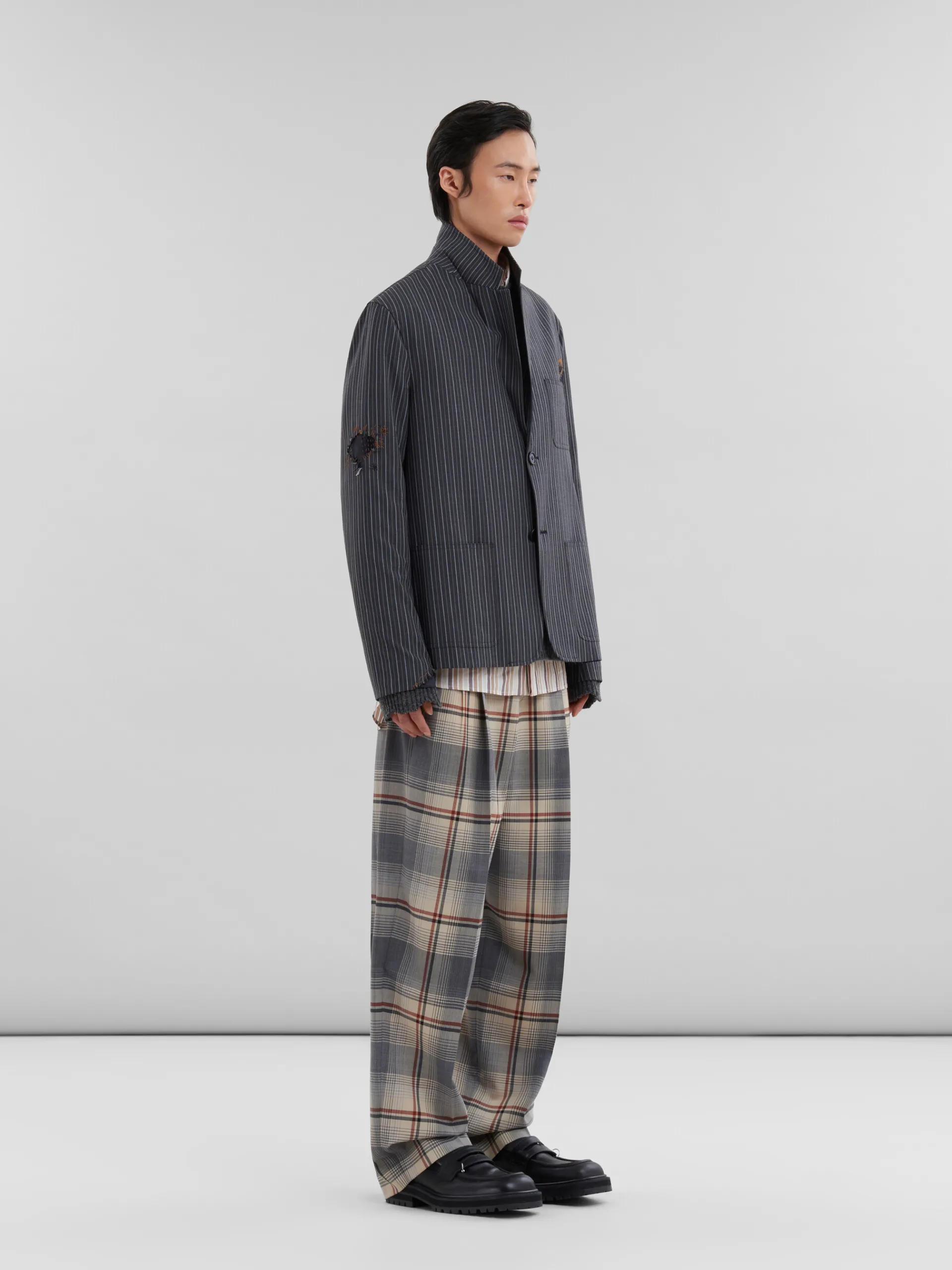 Coats & Jackets>Marni Pinstripe Wool Blazer With Mending Embroidery BLACK