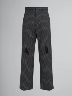Pants>Marni Pinstripe Wool Trousers With Mending Embroidery BLACK
