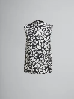 Matching Sets | Tops & T-Shirts>Marni Satin-back Crêpe Sleeveless Top With Blooming Print BLACK