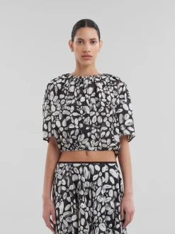Tops & T-Shirts>Marni Satin-back Crêpe Top With Blooming Print BLACK