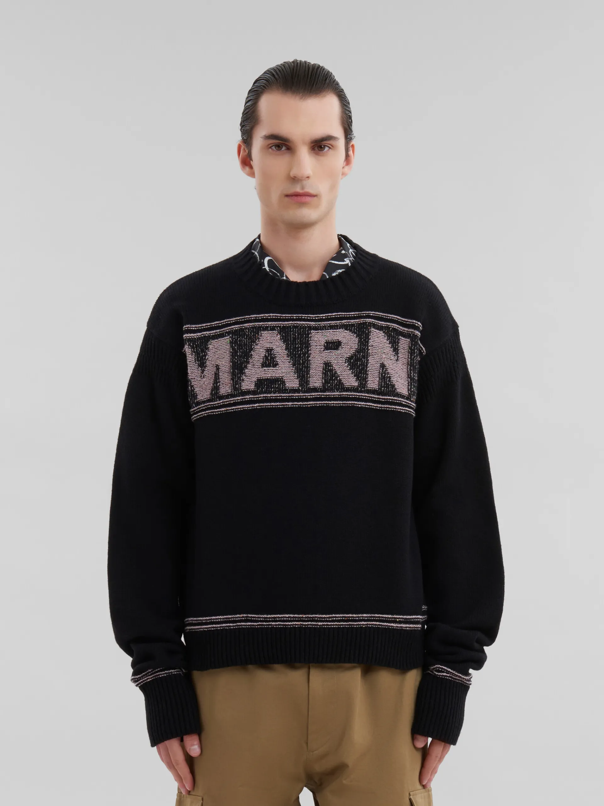 Knitwear>Marni Wool Jumper With Maxi Intarsia BLACK
