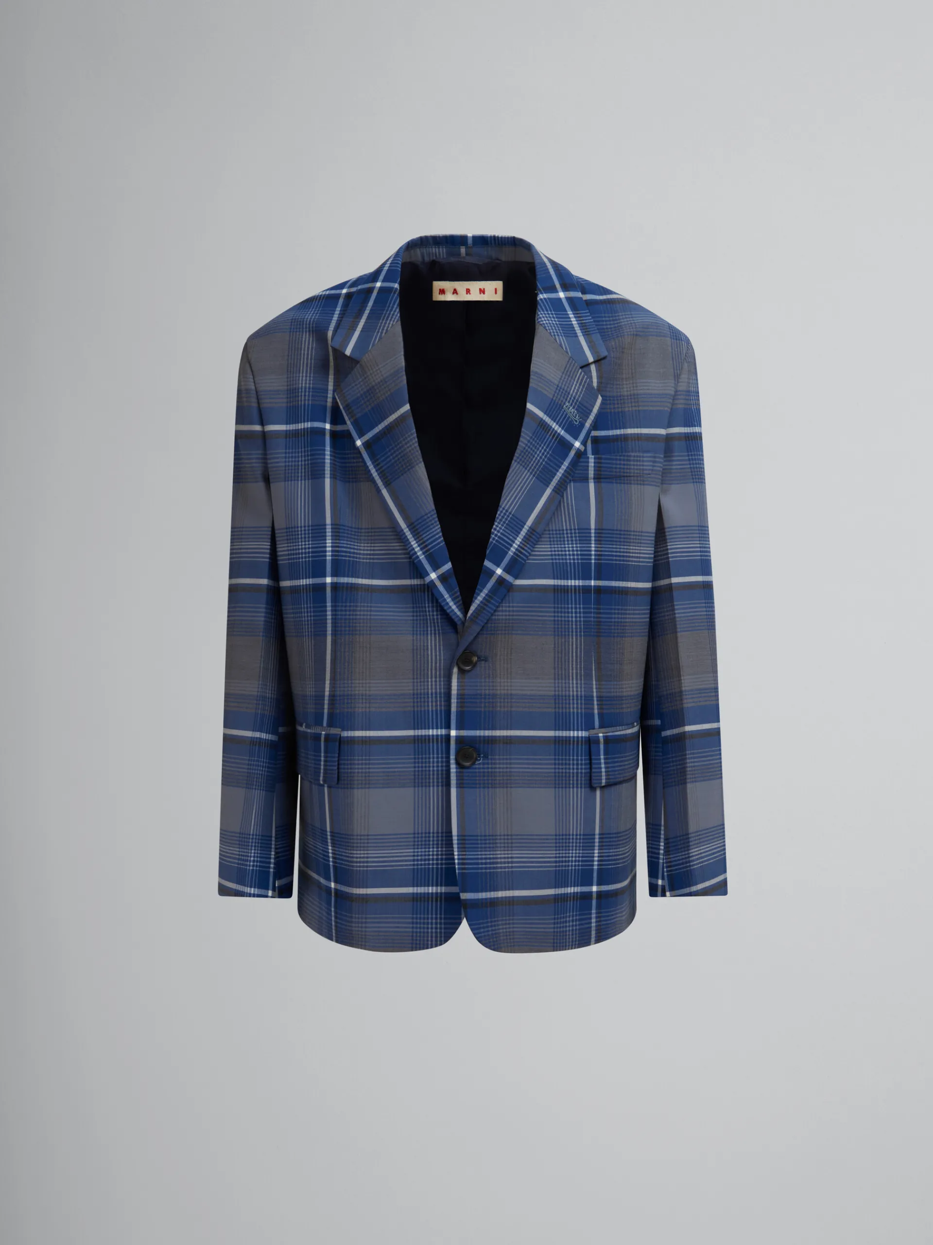 Coats & Jackets>Marni Blue Checked Wool Blazer With Mending MAZARINEBLUE
