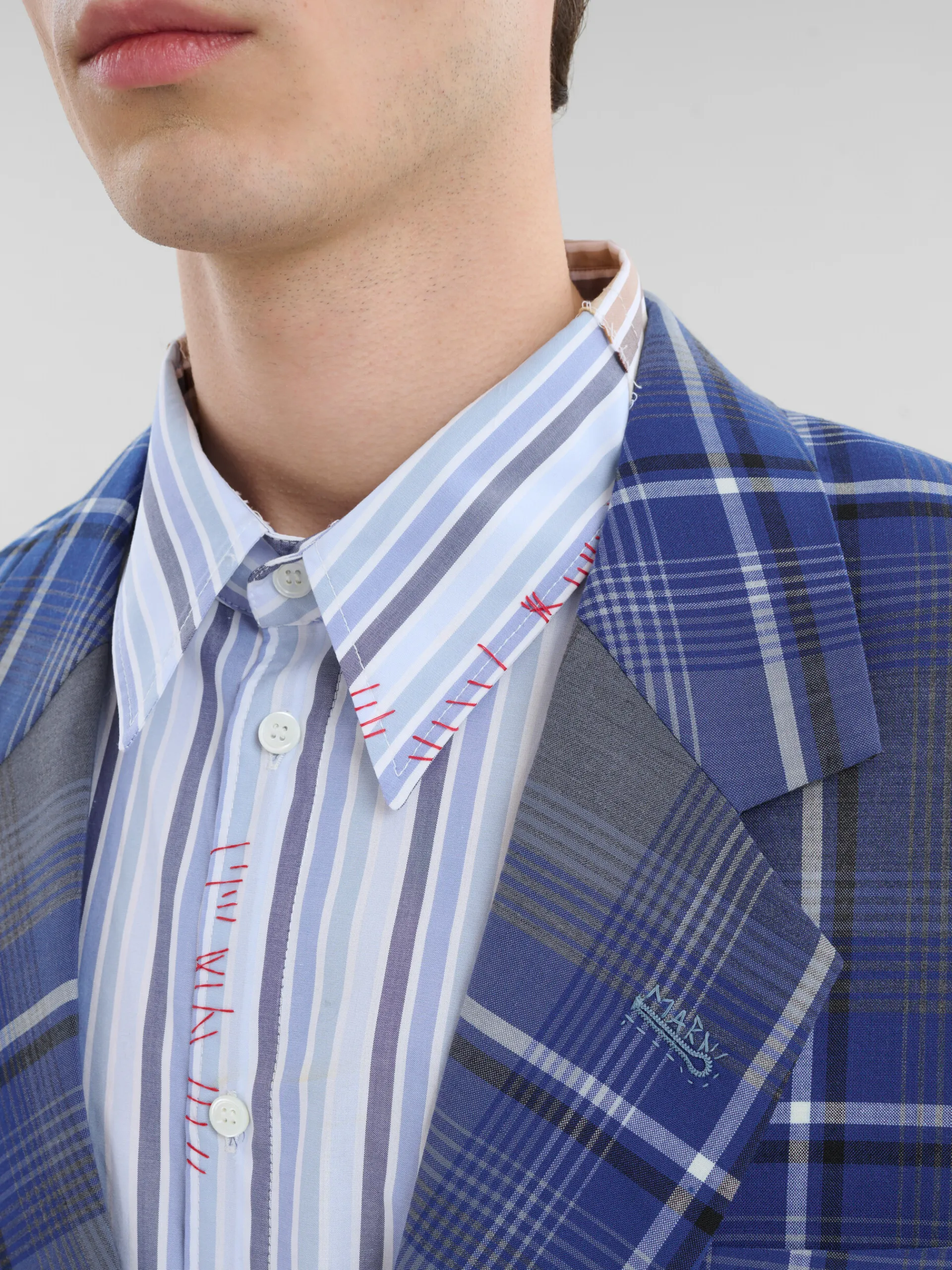 Coats & Jackets>Marni Blue Checked Wool Blazer With Mending MAZARINEBLUE