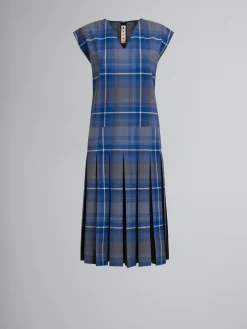 Dresses>Marni Blue Checked Wool Blend Dress With Contrast Pleats MAZARINEBLUE