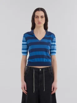 Tops & T-Shirts>Marni Blue Contrast-stripe Light Cotton Short-sleeved Jumper AZURE