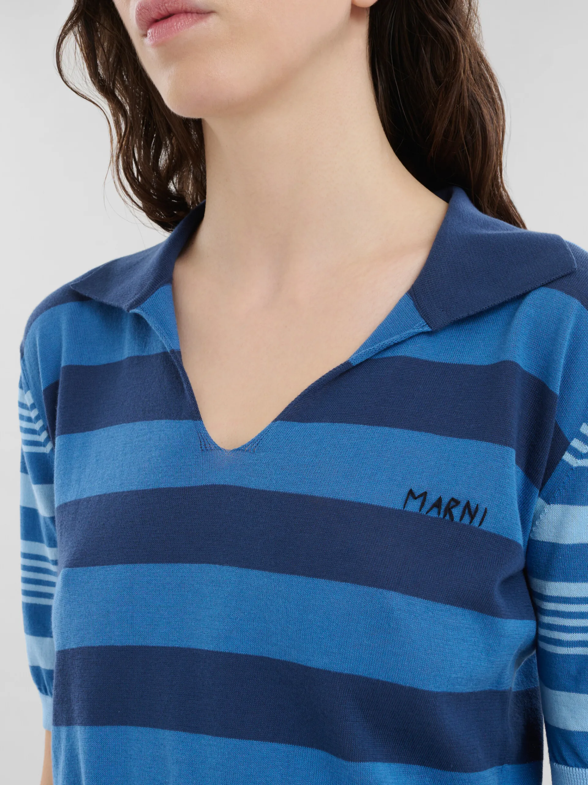 Tops & T-Shirts>Marni Blue Contrast-stripe Light Cotton Short-sleeved Jumper AZURE