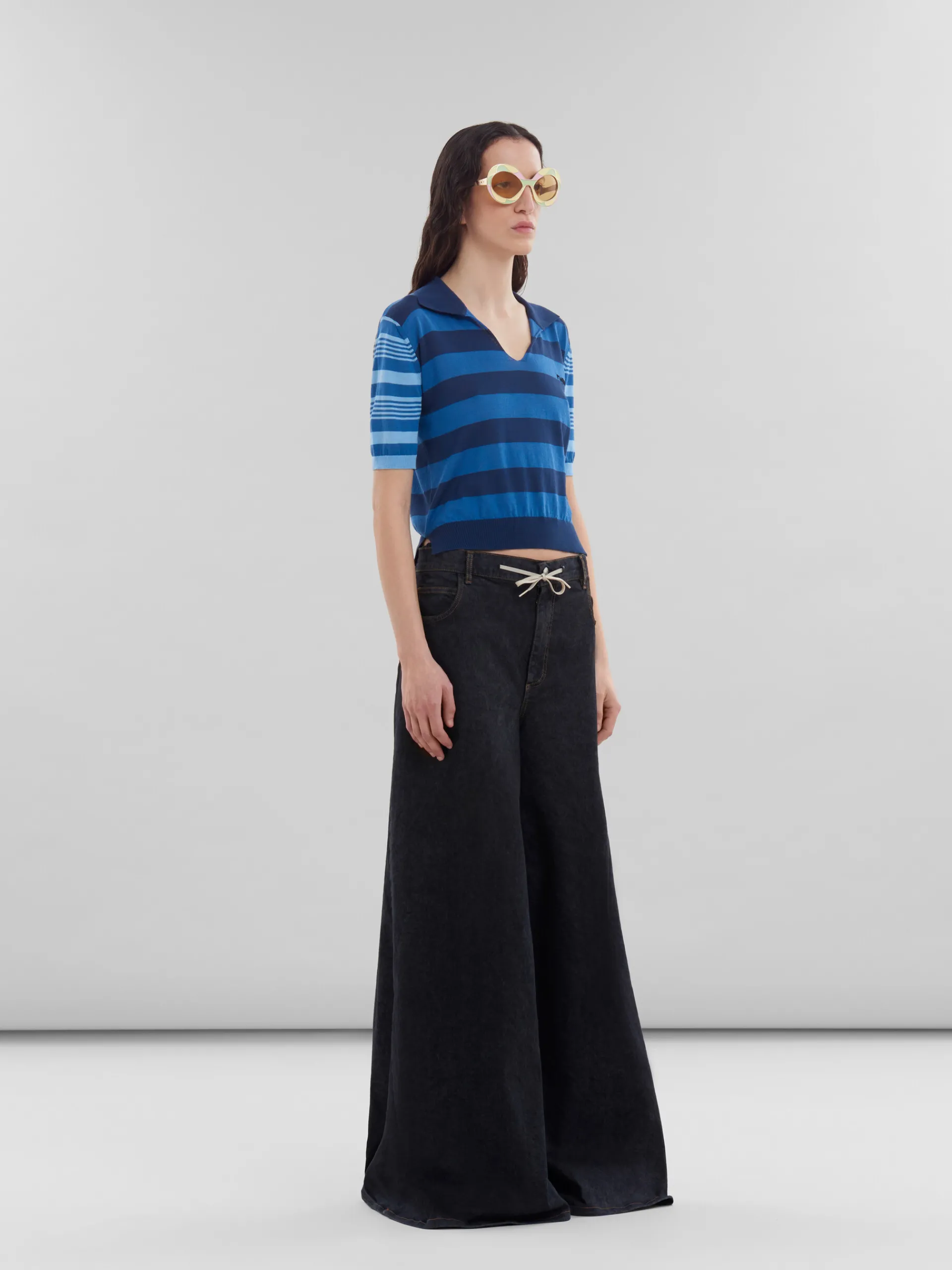 Tops & T-Shirts>Marni Blue Contrast-stripe Light Cotton Short-sleeved Jumper AZURE