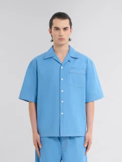Denim | Matching Sets>Marni Blue Denim Bowling Shirt With Mending Logo AZURE