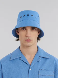 Hats>Marni Blue Denim Bucket Hat With Mending AZURE