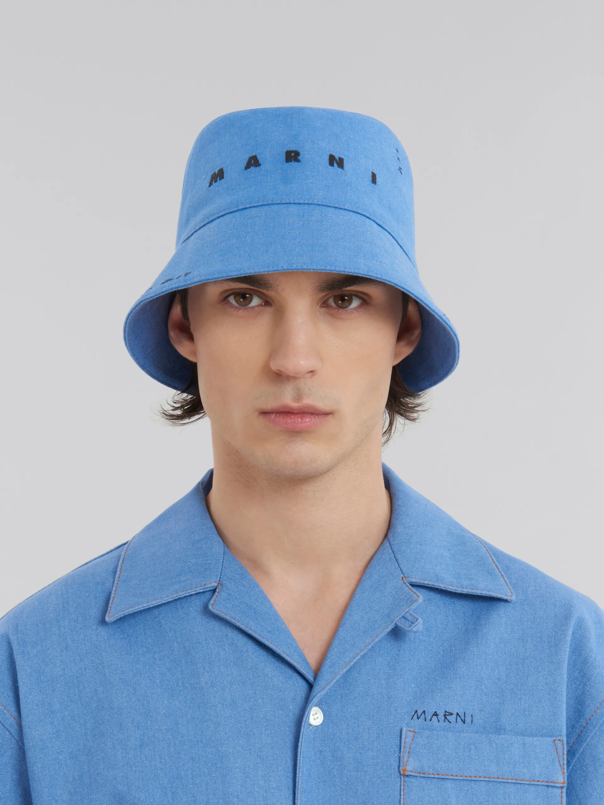 Hats>Marni Blue Denim Bucket Hat With Mending AZURE