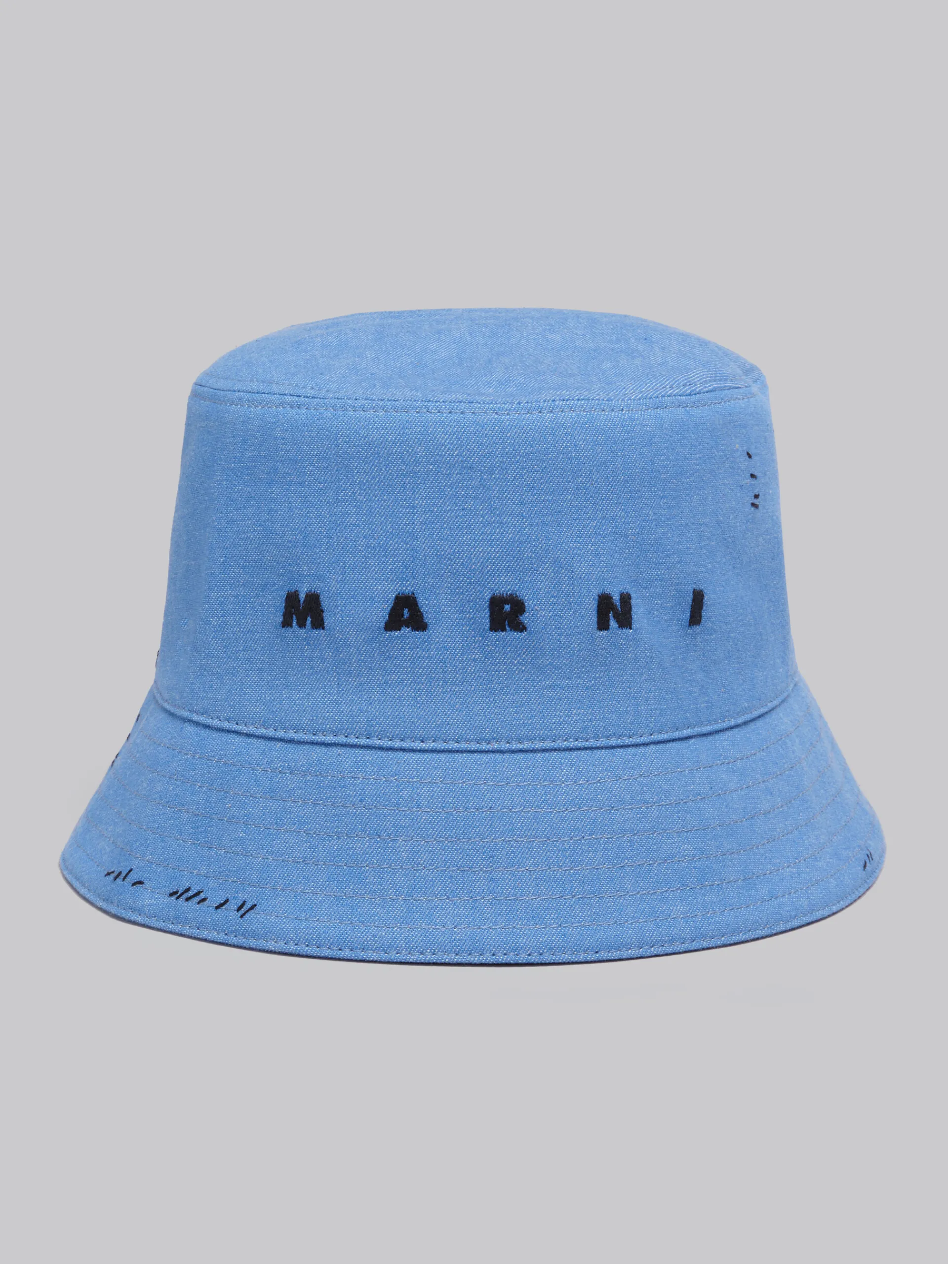 Hats>Marni Blue Denim Bucket Hat With Mending AZURE
