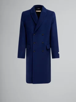 Coats & Jackets>Marni Blue Felt Double-breasted Coat With Mending LIGHTNAVY