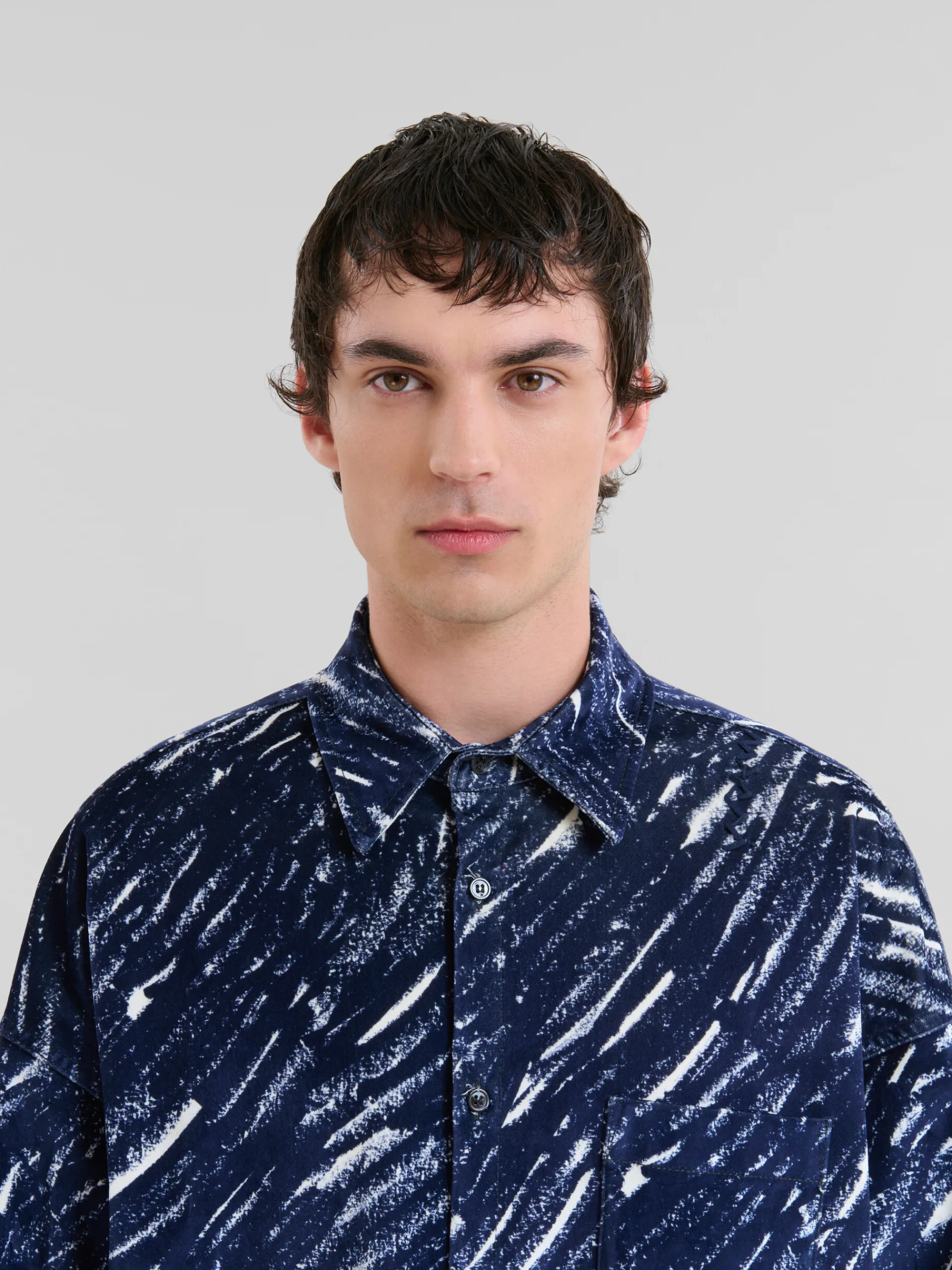 Denim | Tops & T-Shirts>Marni Blue Flocked Denim Oversized Shirt With Crayon Print TONIC