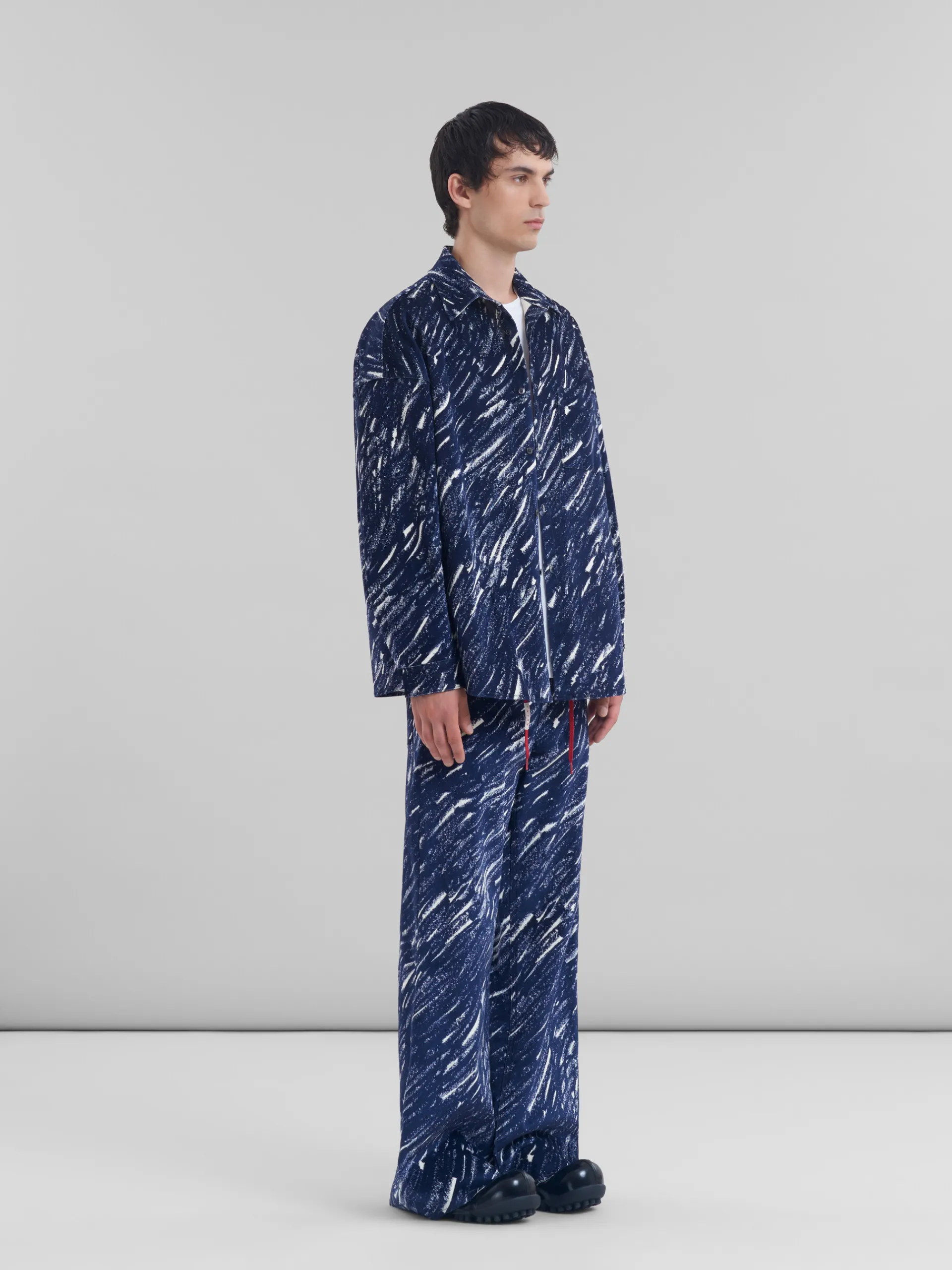 Denim | Tops & T-Shirts>Marni Blue Flocked Denim Oversized Shirt With Crayon Print TONIC