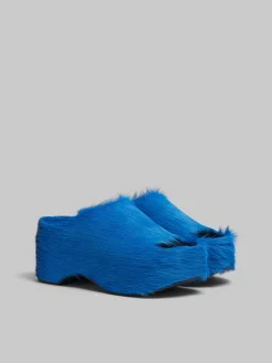 Slides & Sandals>Marni Blue Long-hair Calfskin Chunky Clog Slide MAZARINEBLUE
