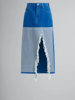 Denim | Skirts>Marni Blue Organic Denim Two-tone Midi Skirt OCEAN