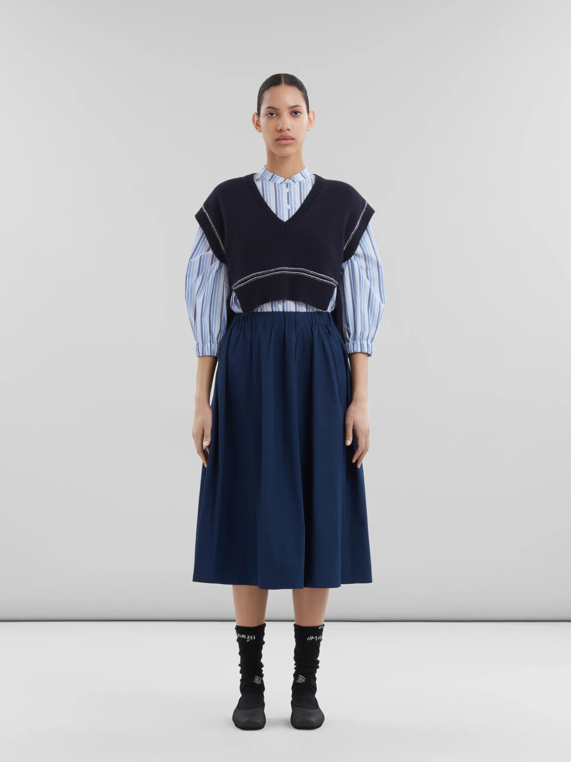Skirts>Marni Blue Organic Poplin Elasticated Midi Skirt LIGHTNAVY
