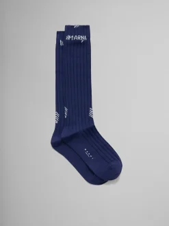 Socks>Marni Blue Ribbed Cotton Socks With Mending BLUECHINA