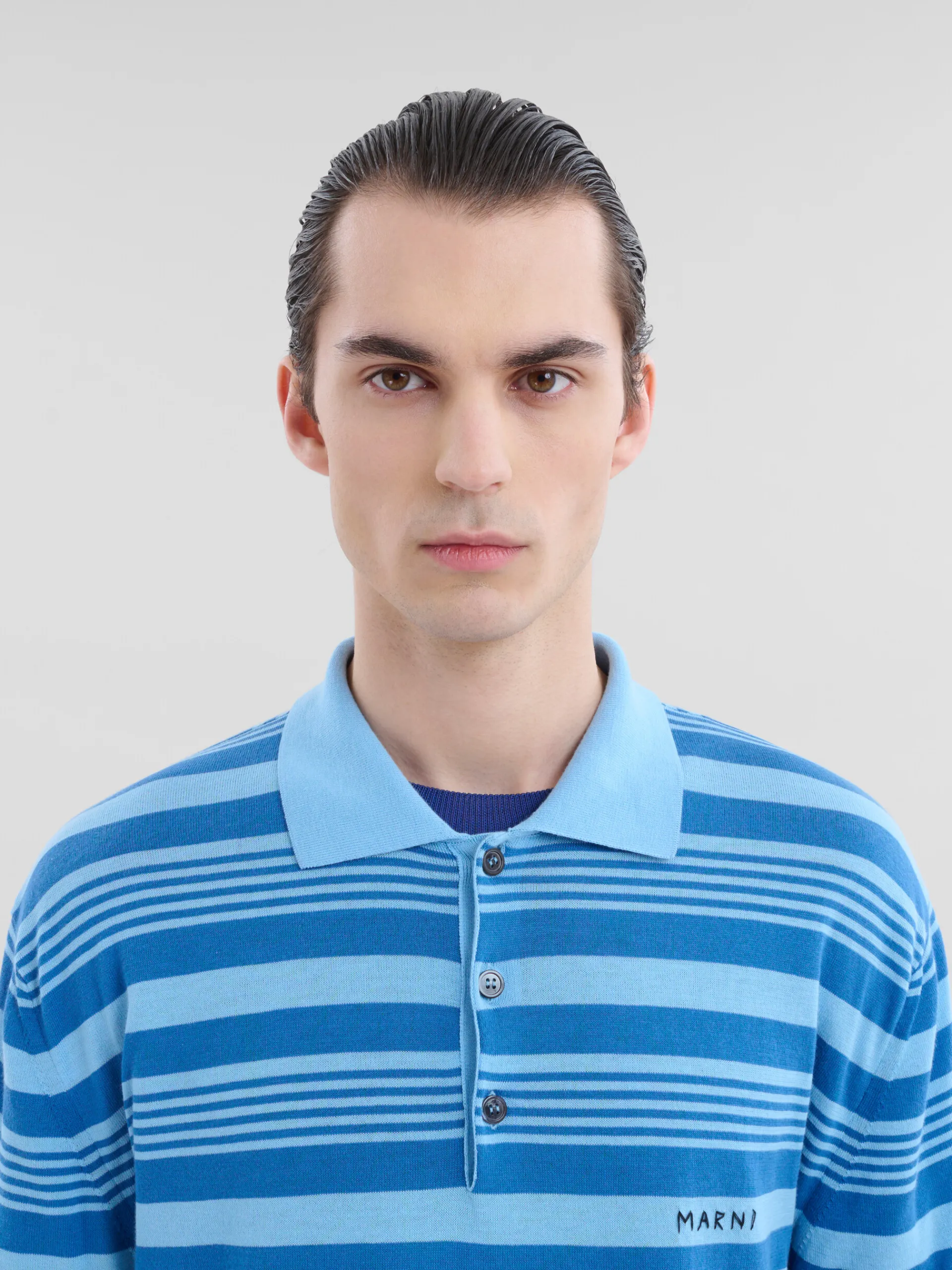 Tops & T-Shirts | Knitwear>Marni Blue Striped Cotton Polo Shirt With Mending AZURE